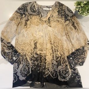 Susan Graver Sheer Tan|Black Flowy Blouse